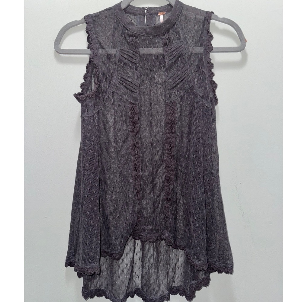 Free People Womens XS Gray Sheer Mesh Lace High Low Tunic Tank Top Boho